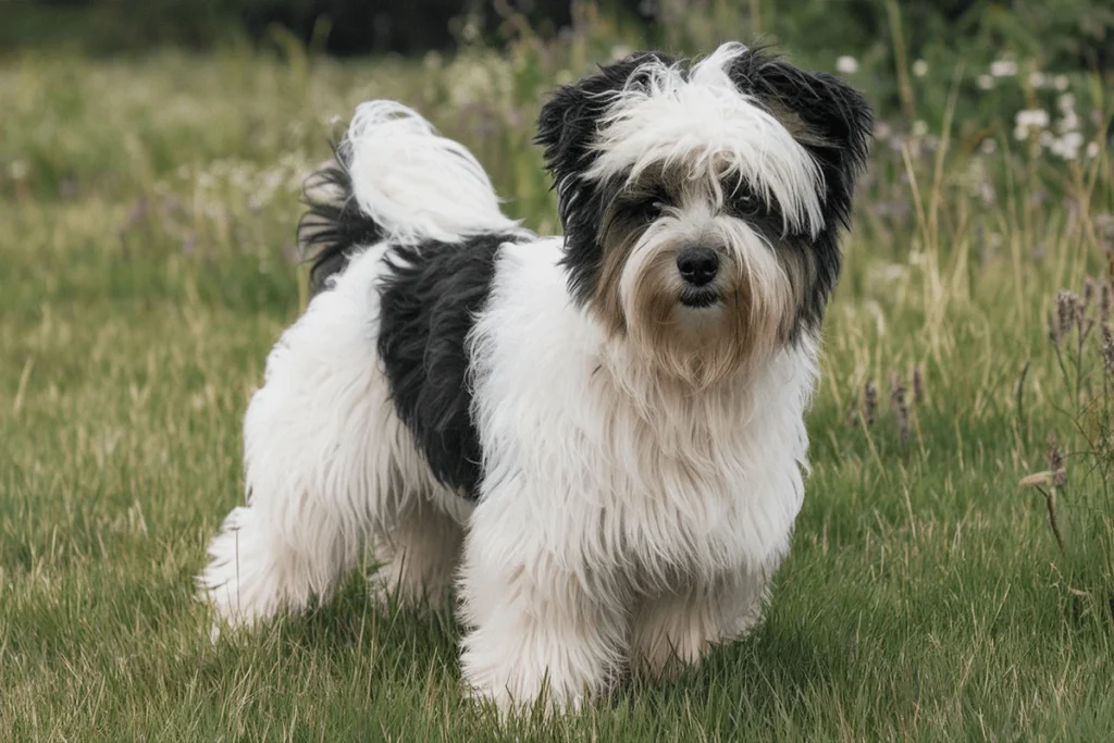 A black and white fluffy dog standing in a field of grass.