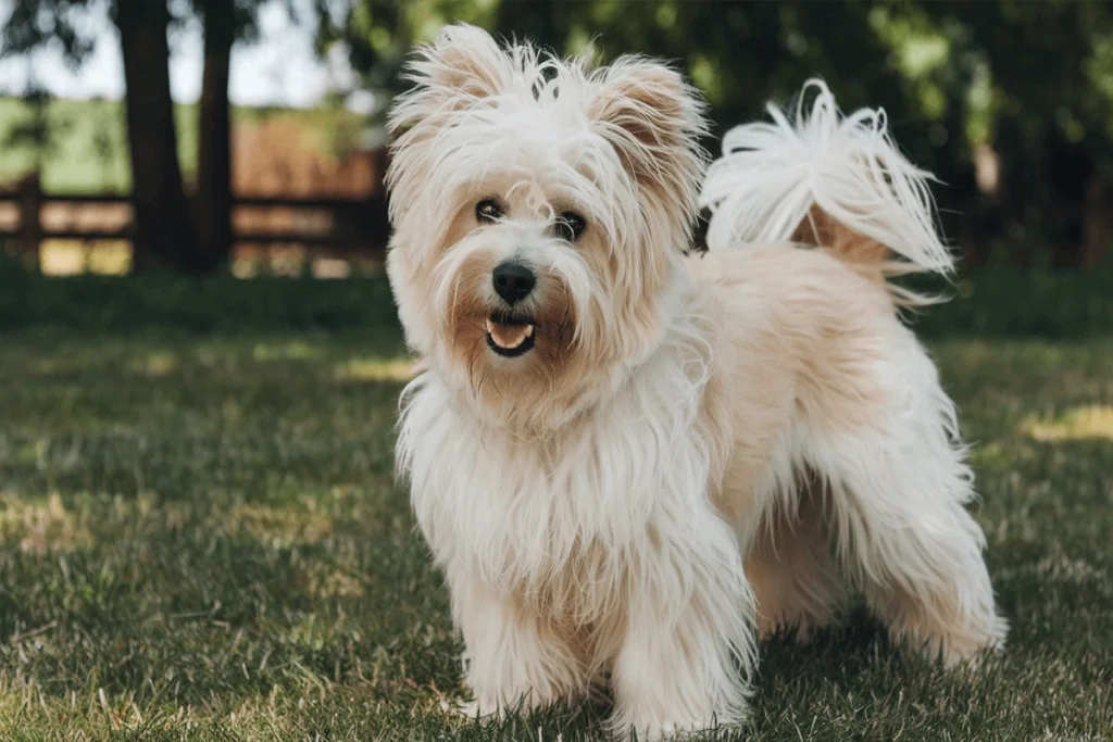  A fluffy white dog standing in the grass, looking forward with its mouth open.