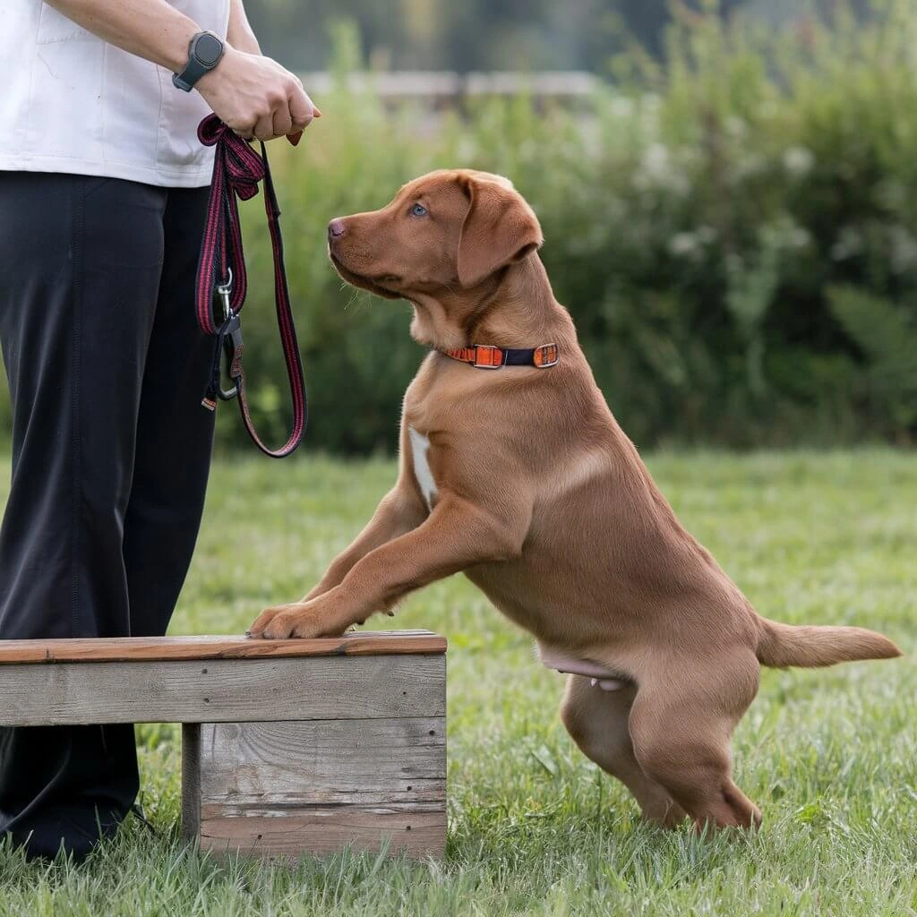  A fox red Labrador Retriever standing outdoors.