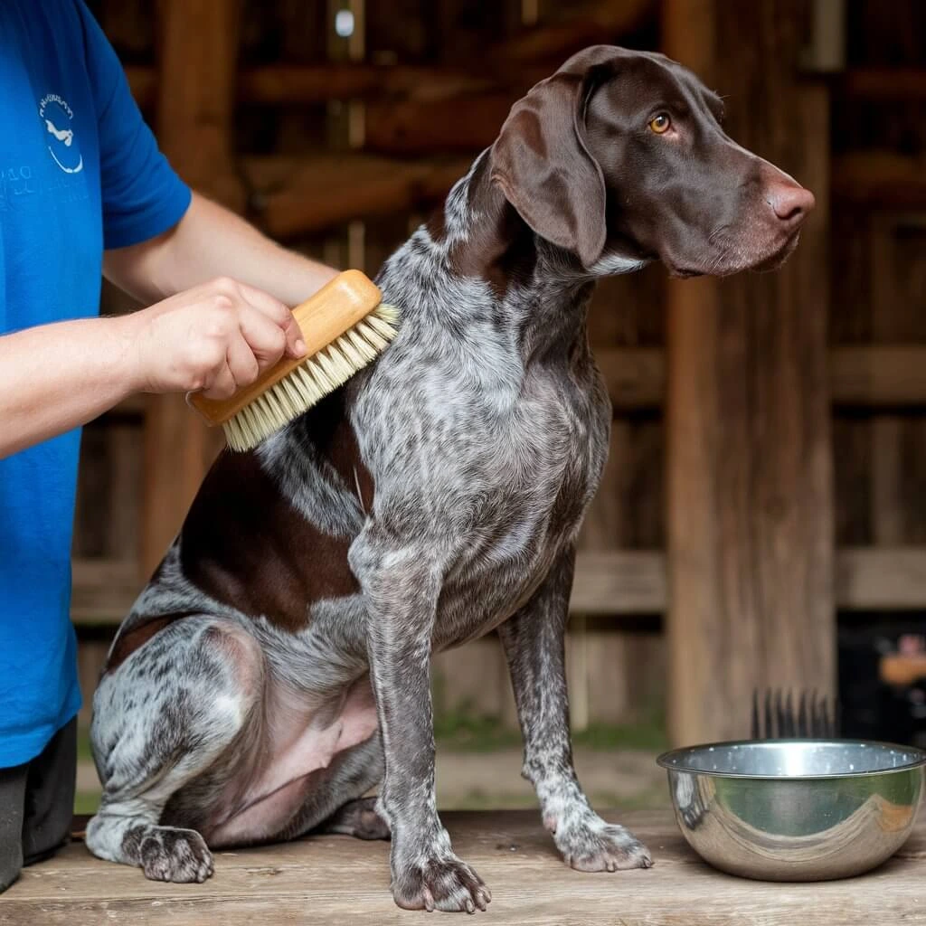 A GSP dog being brushed with a grooming brush while sitting on a wooden surface