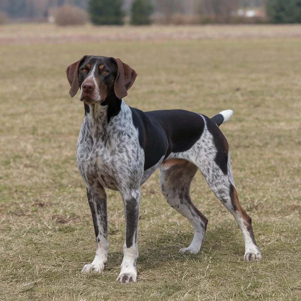 A German Shorthaired Pointer standing alert in a grassy field