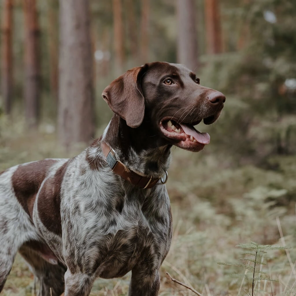 A GSP dog standing in a forest, looking alert and happy