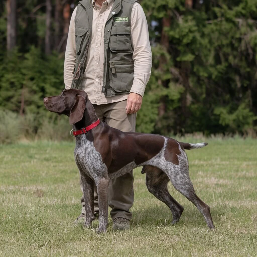 A GSP dog standing alert in a grassy field next to a person wearing an outdoor vest.