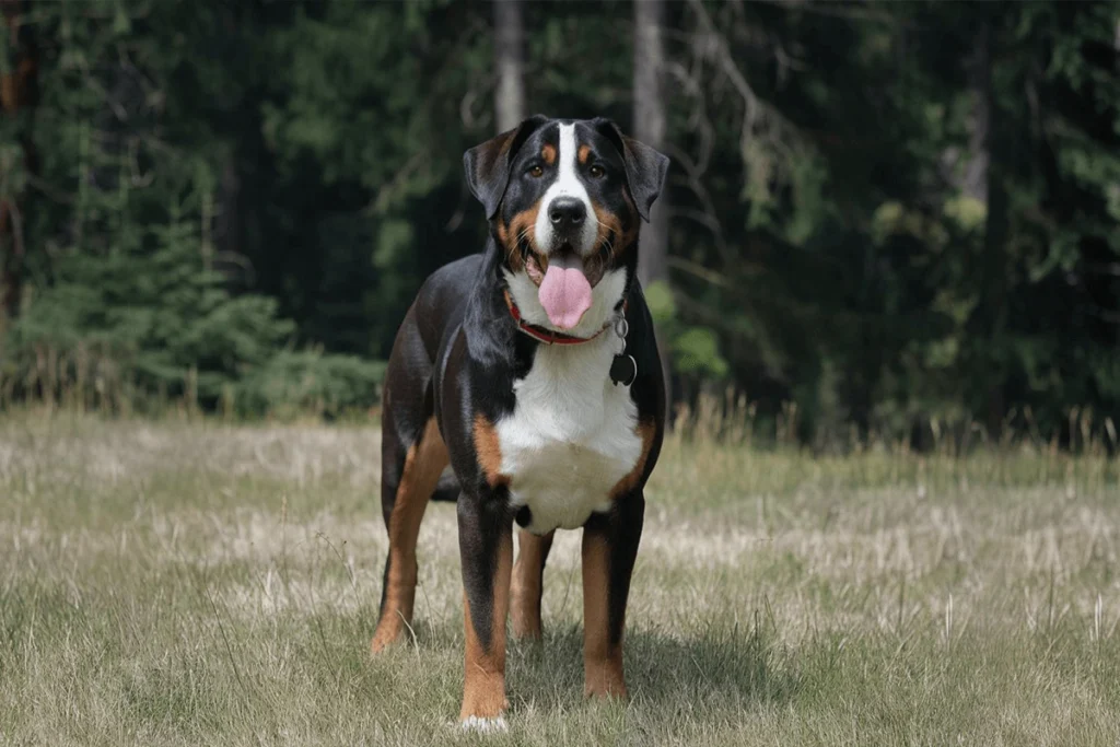 Full-body portrait of a Dog with its tongue out standing in a grassy field.