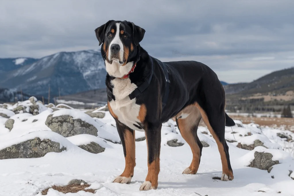 Majestic Greater Swiss Mountain Dog standing on a snowy hilltop against a mountainous backdrop