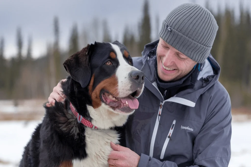 Man lovingly embraces a Greater Swiss Mountain Dog in a snowy outdoor setting