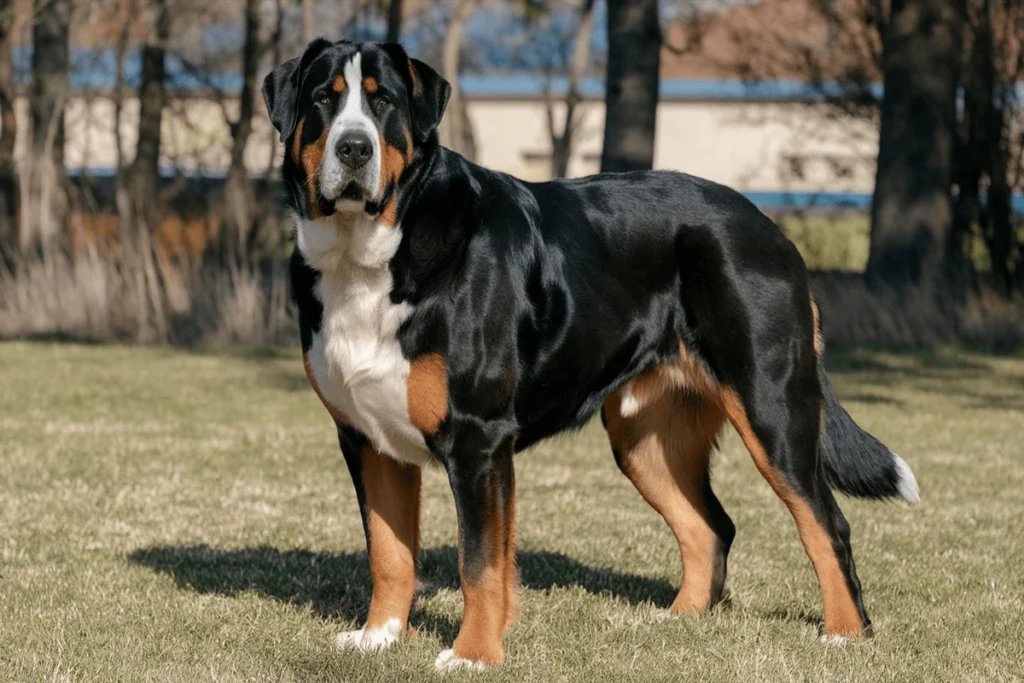 A regal Greater Swiss Mountain Dog standing in a field with a well-muscled physique