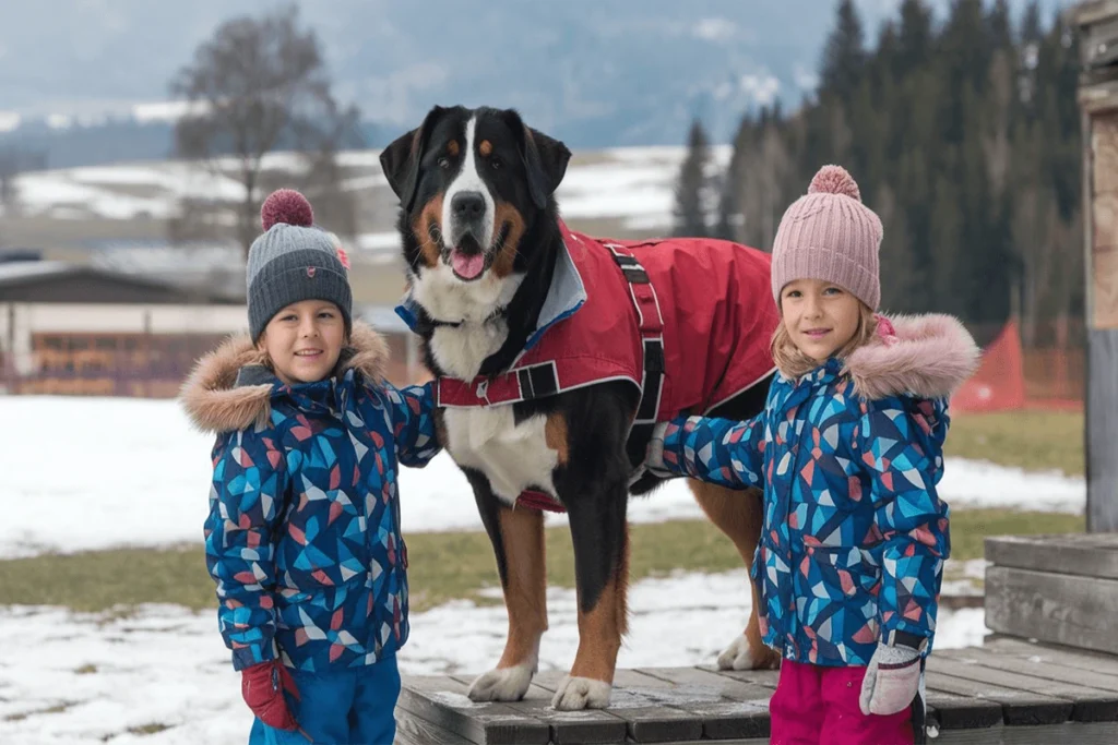 Two children with a Dog wearing a red coat, all posing on a wooden platform