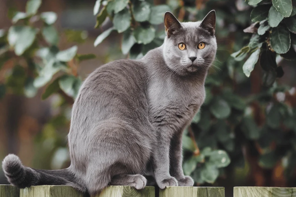  A gray cat sitting on a wooden fence with a foliage background.