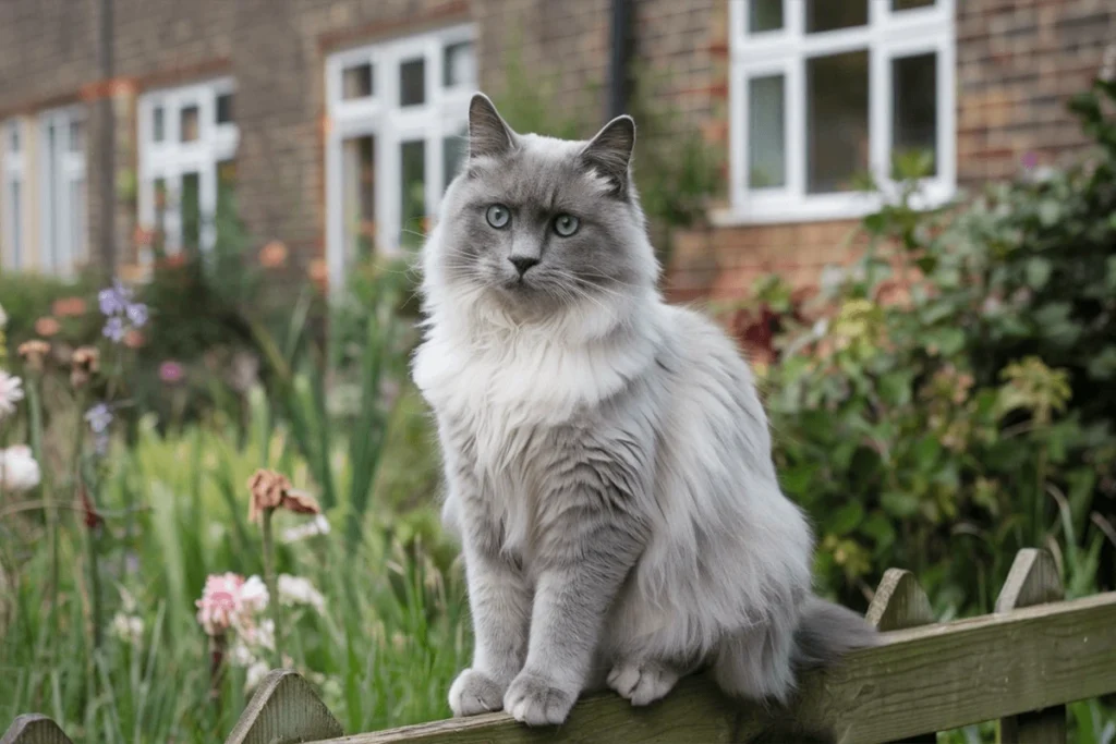 A fluffy light grey cat with blue eyes sitting on a wooden fence with a house and garden in the background.