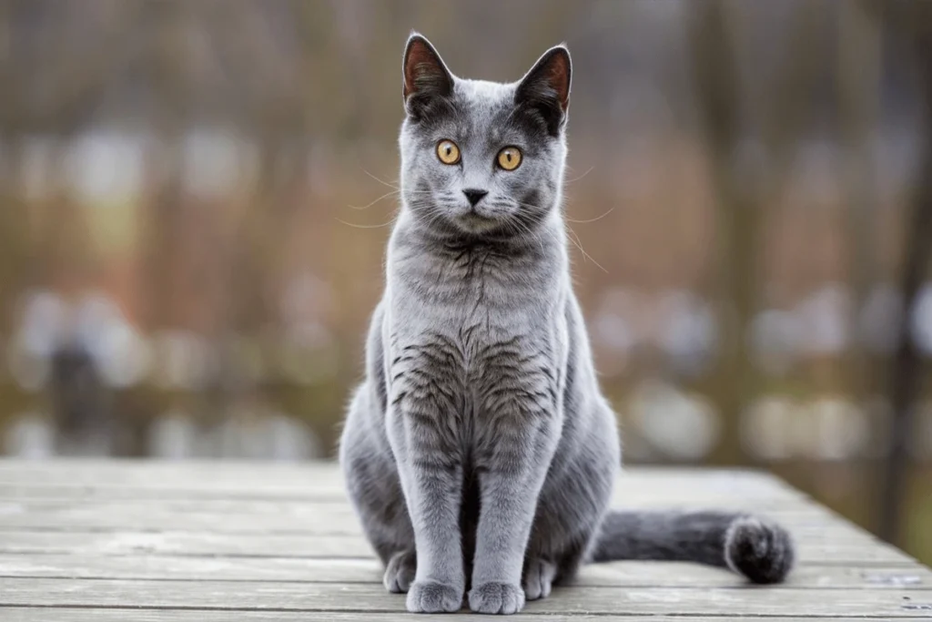 A medium shot of a gray cat with yellow eyes sitting on a wooden surface.