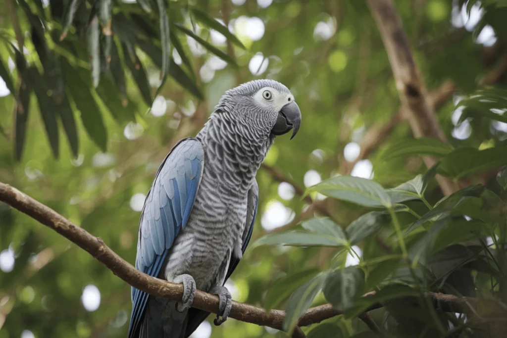 A grey African grey parrot with blue wing feathers perched on a branch against a blurred green background.