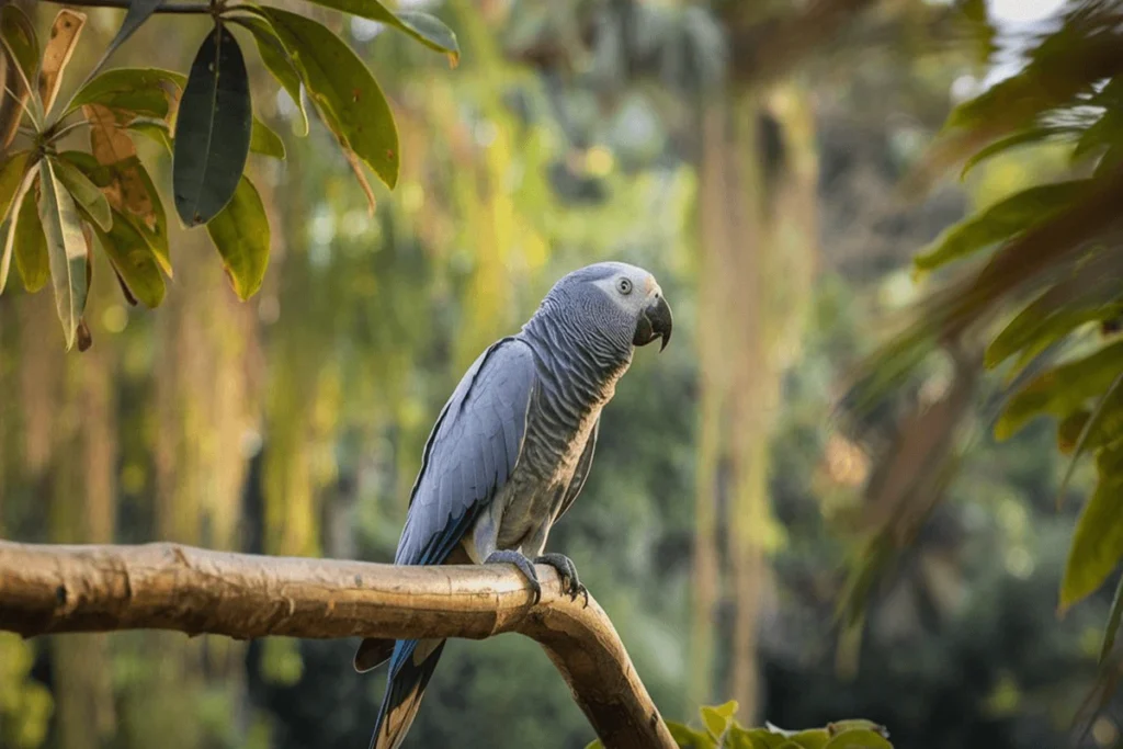  A grey African grey parrot perched on a branch, set against a naturally blurred, sunlit background.