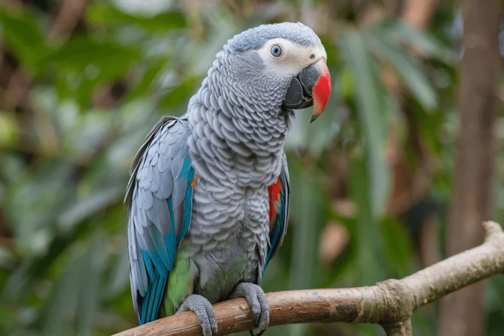 A grey African grey parrot with a red tail and hints of blue and green perched on a branch, against a green foliage background.