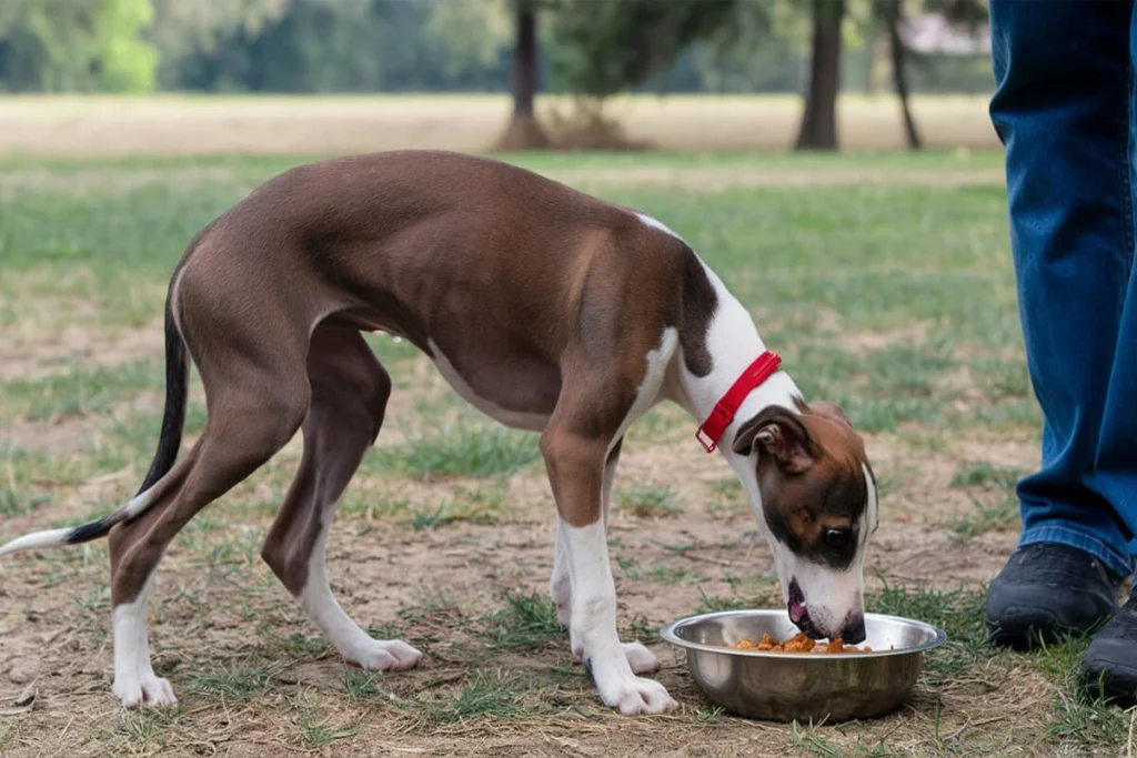 A brown and white greyhound puppy is eating from a silver bowl on a grassy area, with a person's legs visible in the background.