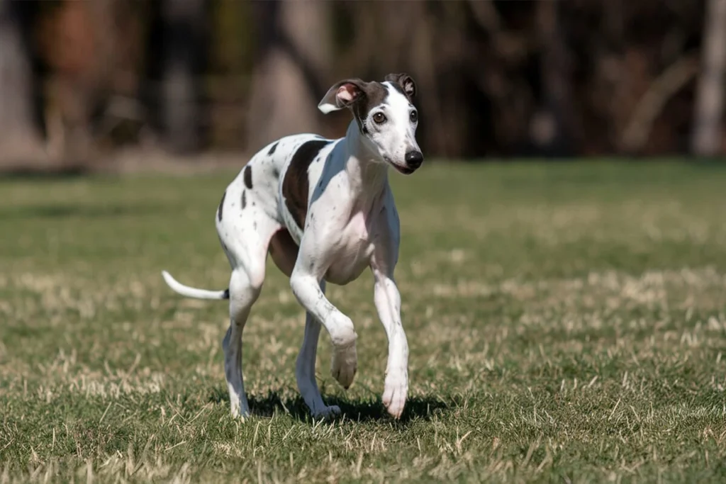 A black and white spotted greyhound puppy walking on a grassy field.