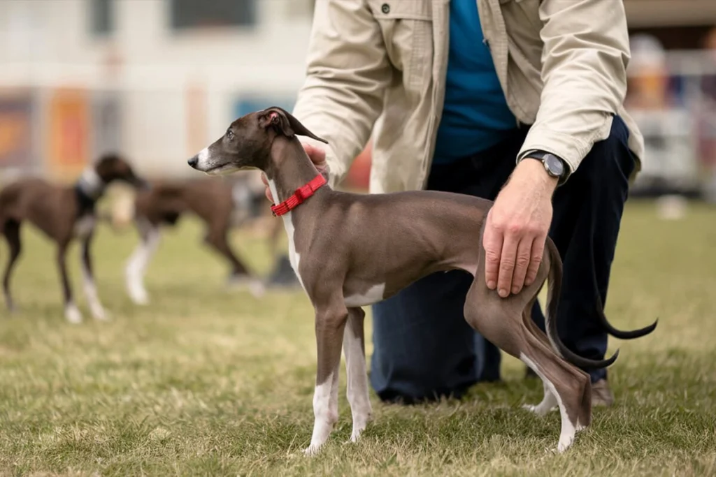 A brown and white greyhound puppy standing while being handled by a person; other puppies are blurred in the background.