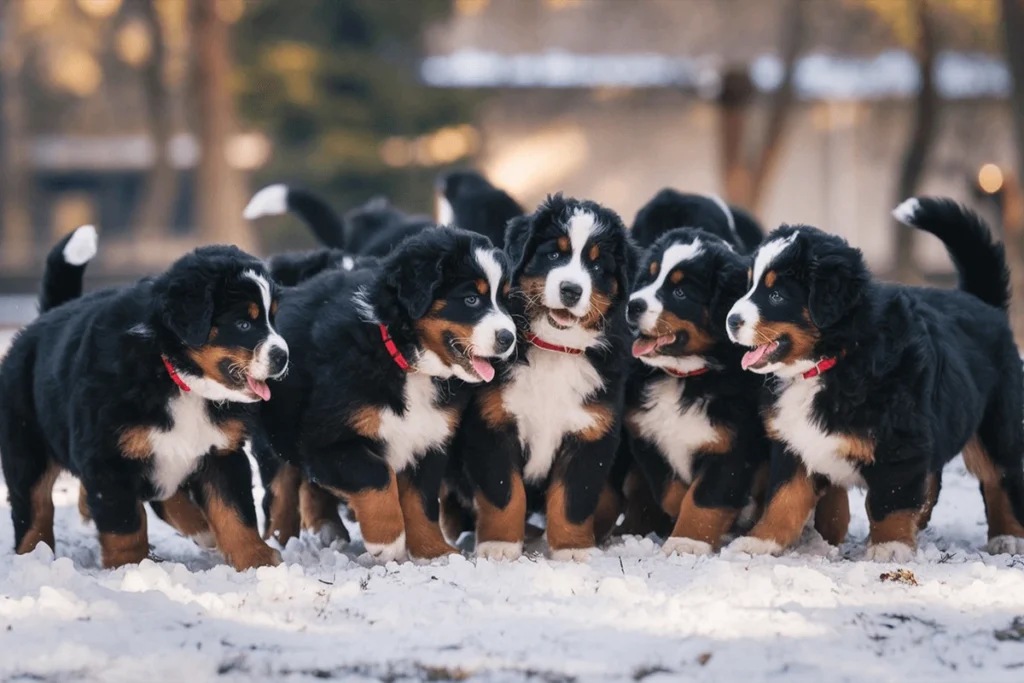  A group of Bernese Mountain Dog puppies standing in the snow looking towards the camera.