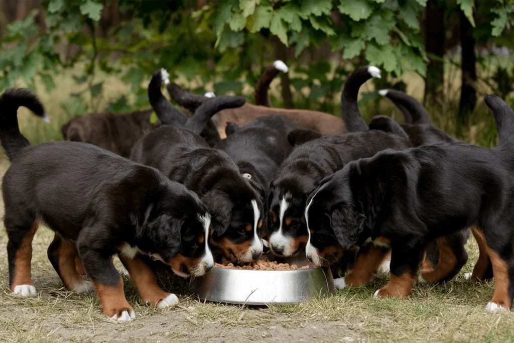 A group of puppies eating out of a metal bowl.