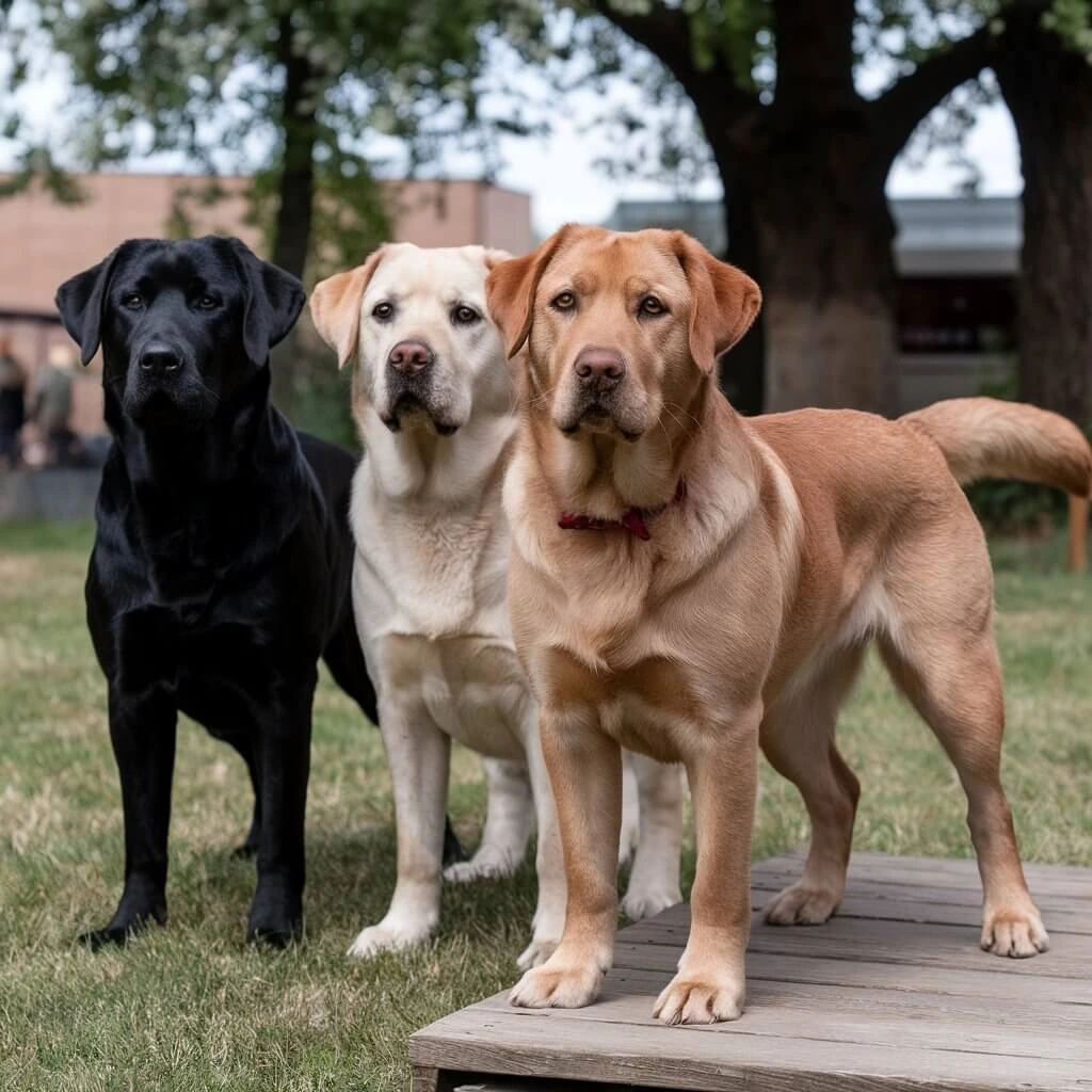 A group of fox red Labrador Retrievers standing together in an outdoor setting, looking alert and friendly.