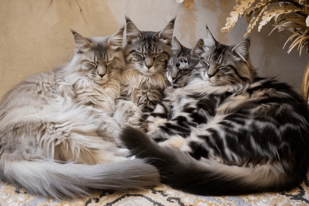 Three Maine Coon cats cuddle together on a patterned rug.