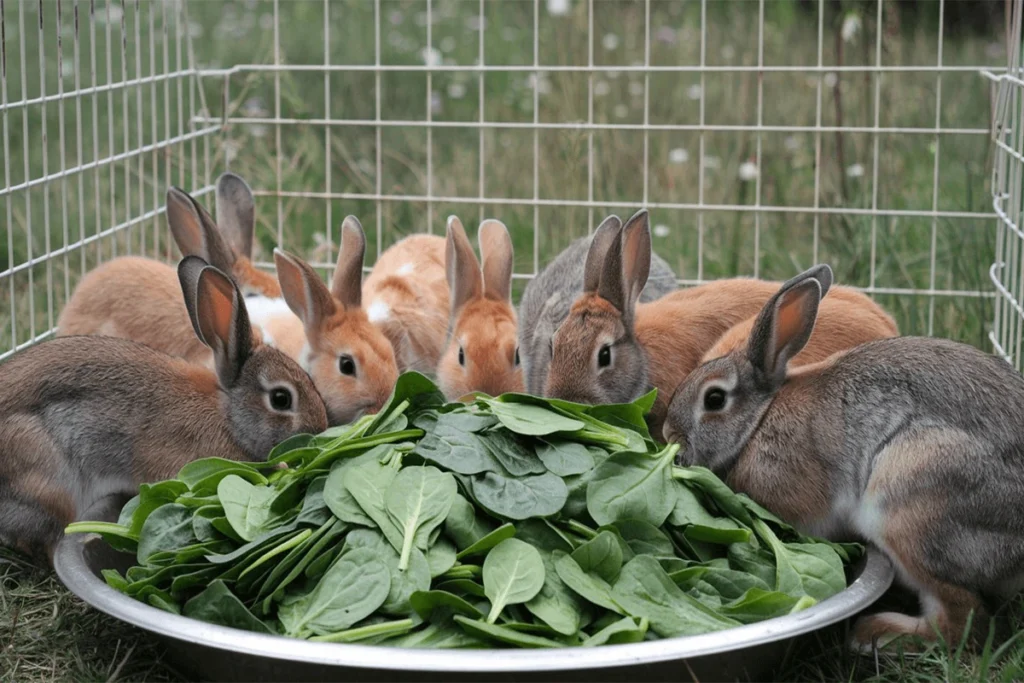 Several rabbits eating spinach from a large bowl inside a wire cage.