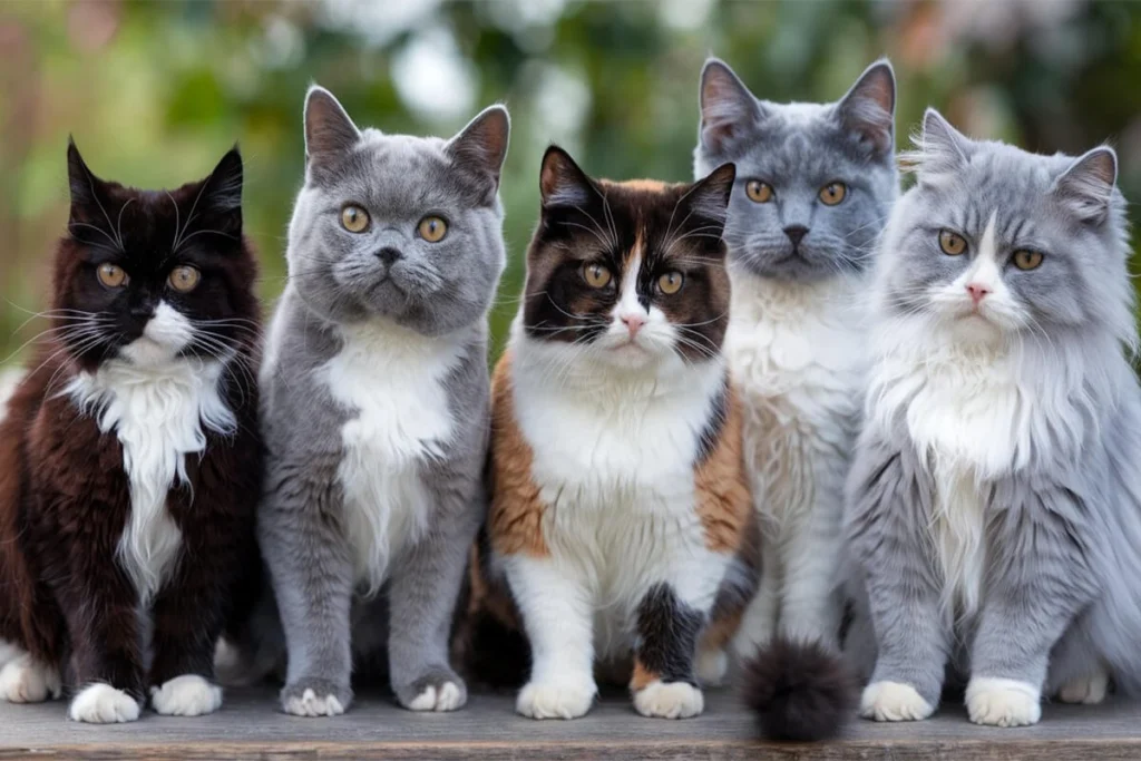 Five Munchkin cat​ of various colors and patterns sitting side-by-side on a wooden surface.