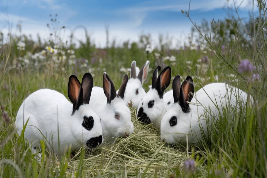 Five white rabbits with black markings eating hay in a grassy field