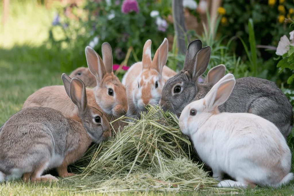 Five rabbits of various colors eating hay on grass in a garden-like setting.