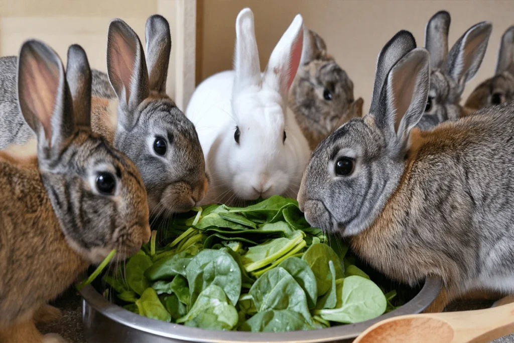 Multiple rabbits of gray and white colors surrounding a metal bowl of spinach, eating.