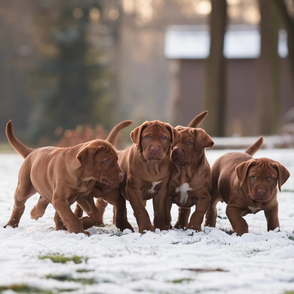 A group of red Labrador Retrievers sitting together.