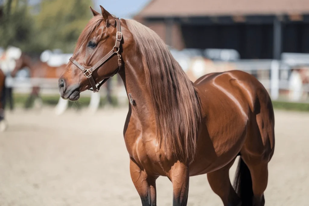 how long do Arabic horses live?Close-up of a chestnut horse with a long mane wearing a halter.