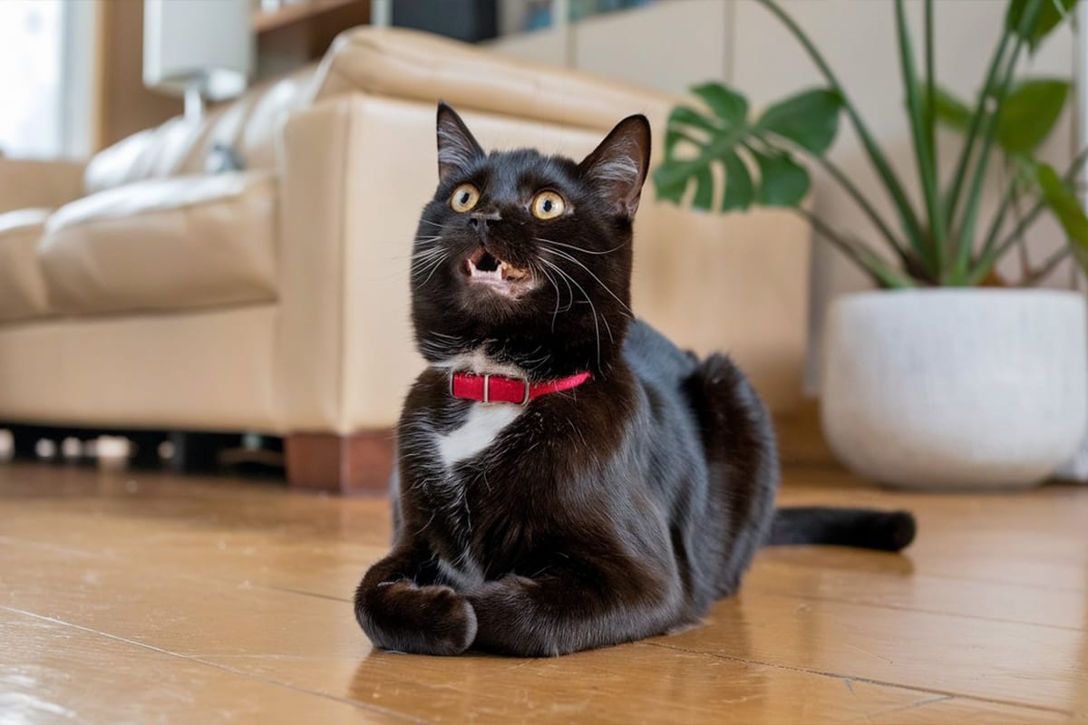 A close shot of a black cat wearing a red collar, sitting on a wooden floor, looking slightly upward with an open mouth, revealing its teeth. A tan-colored couch and a potted plant are in the background.