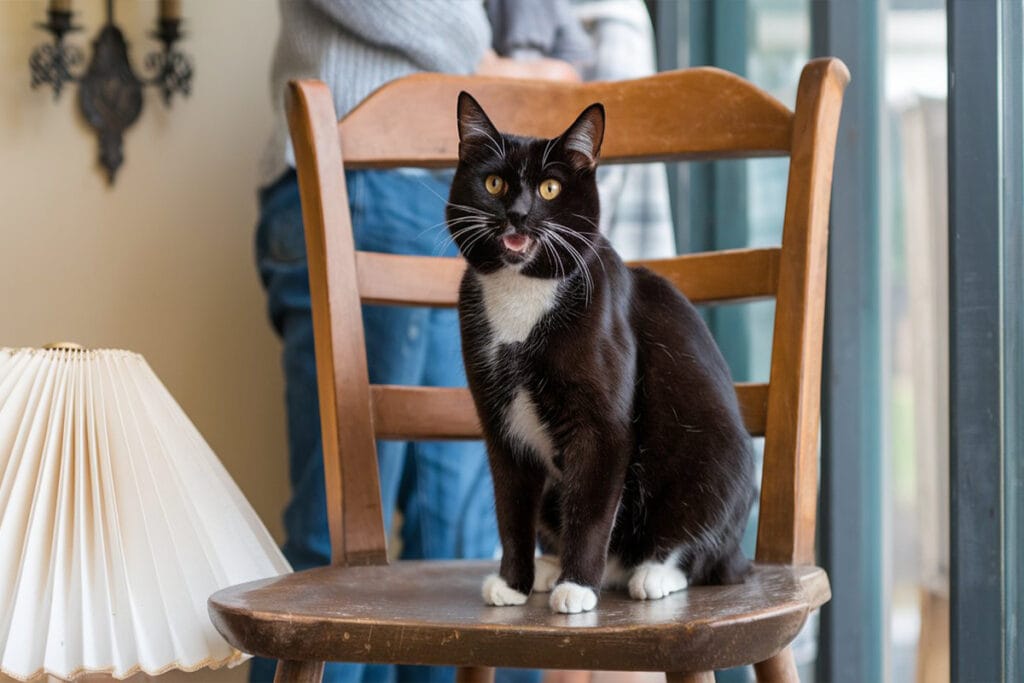 A full shot of a black and white cat sitting on a wooden chair, facing forward with its mouth slightly open and a light-colored background and a blurred human form in the distance.