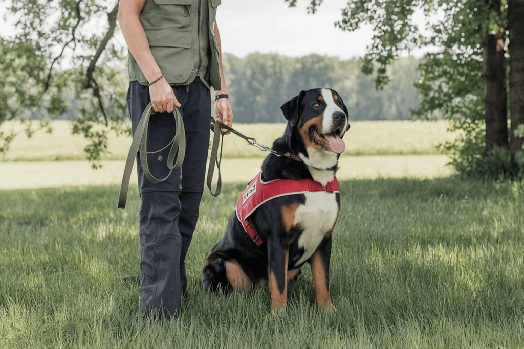 Greater Swiss Mountain Dog sitting obediently on a leash with its handler in a field