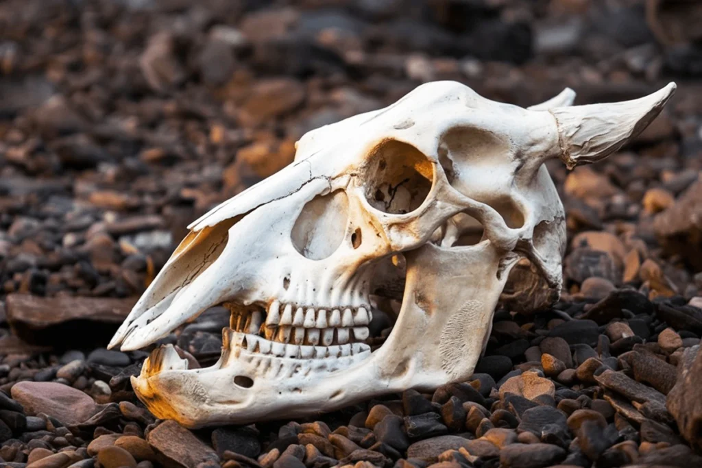 Horse skull resting on a bed of rocks.