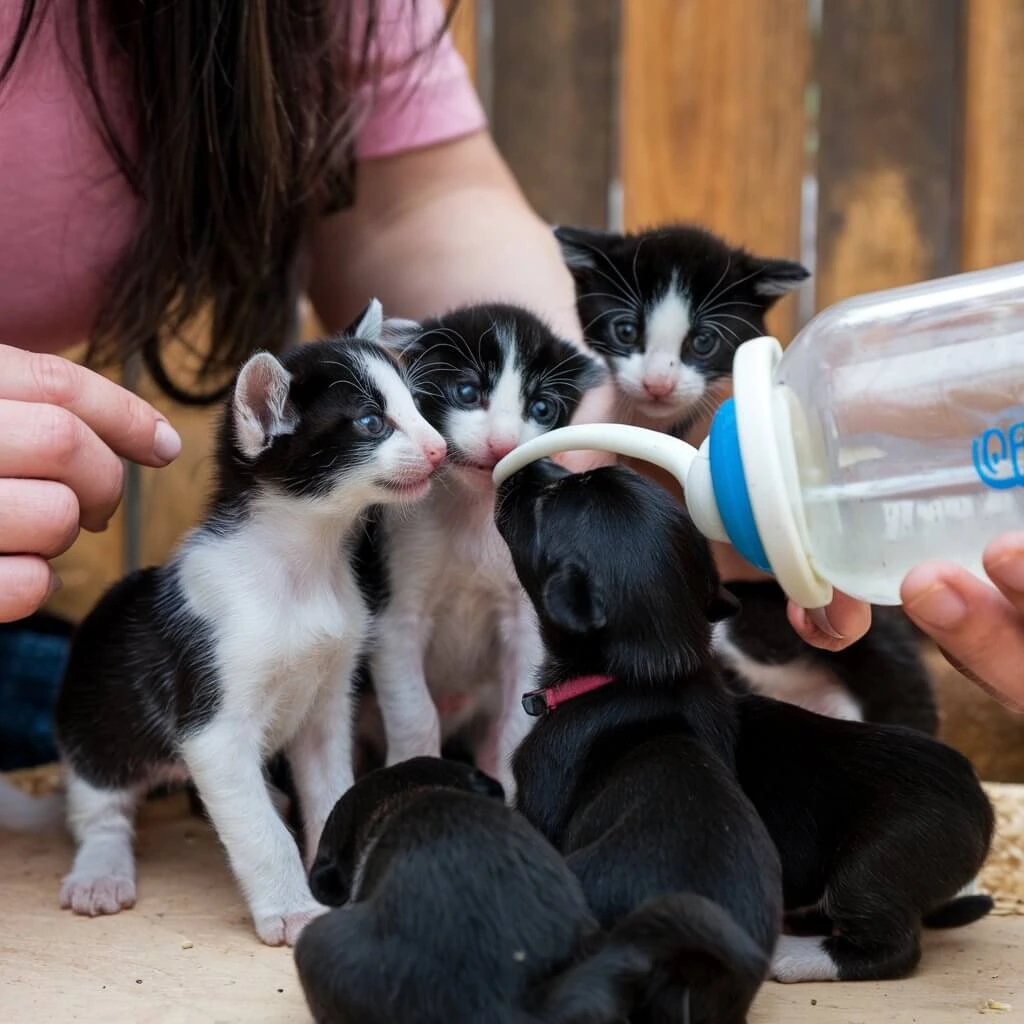 Three black and white kittens are looking up towards a bottle while a black puppy is drinking from it and two more black puppies are sitting next to him. A person with a pink shirt and hand is guiding the bottle to the puppy.