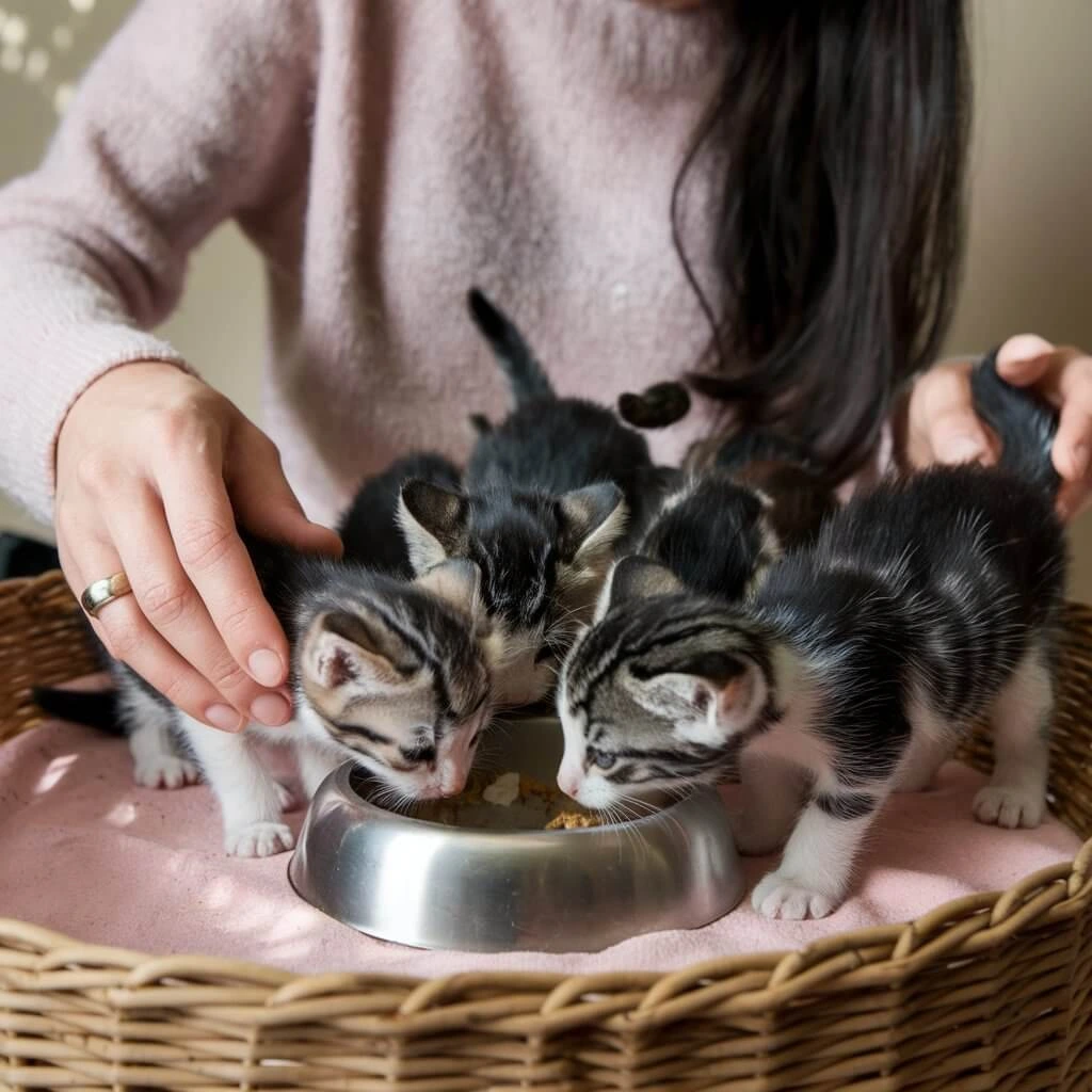 A group of tabby and black and white kittens are gathered around a metal bowl to eat. They are standing on a pink blanket in a woven basket. A person with a pink sweater and hands can be seen touching one of the kittens.