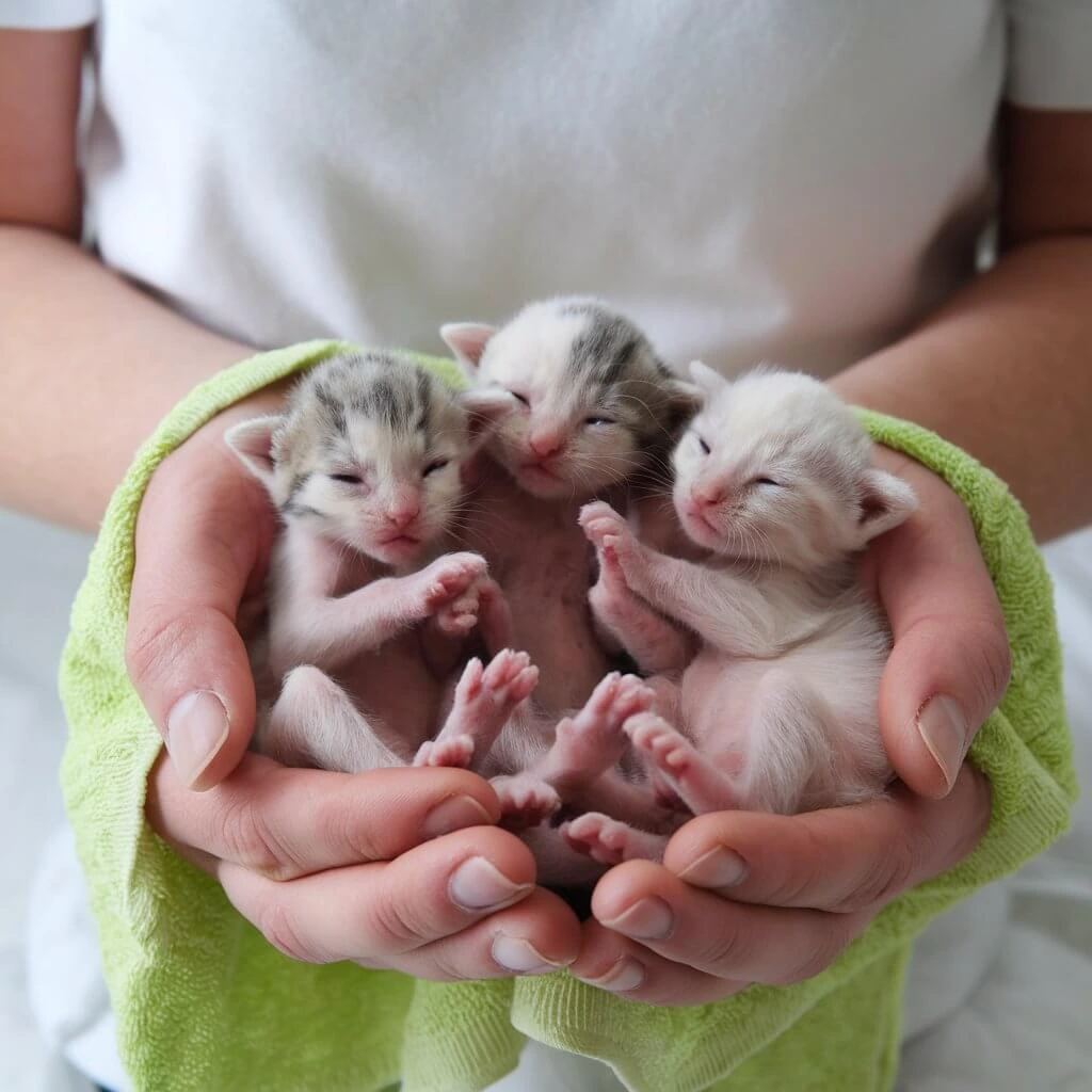 Three newborn kittens with closed eyes resting in a person’s hands, supported by a green towel.