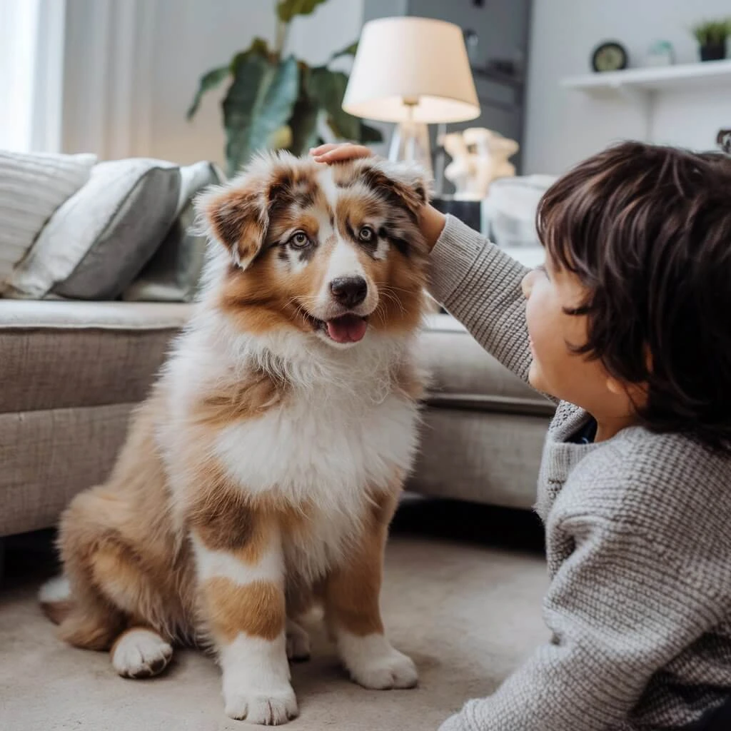 An Australian Shepherd puppy sitting calmly while a young child gently pets its head, capturing a tender moment of affection.