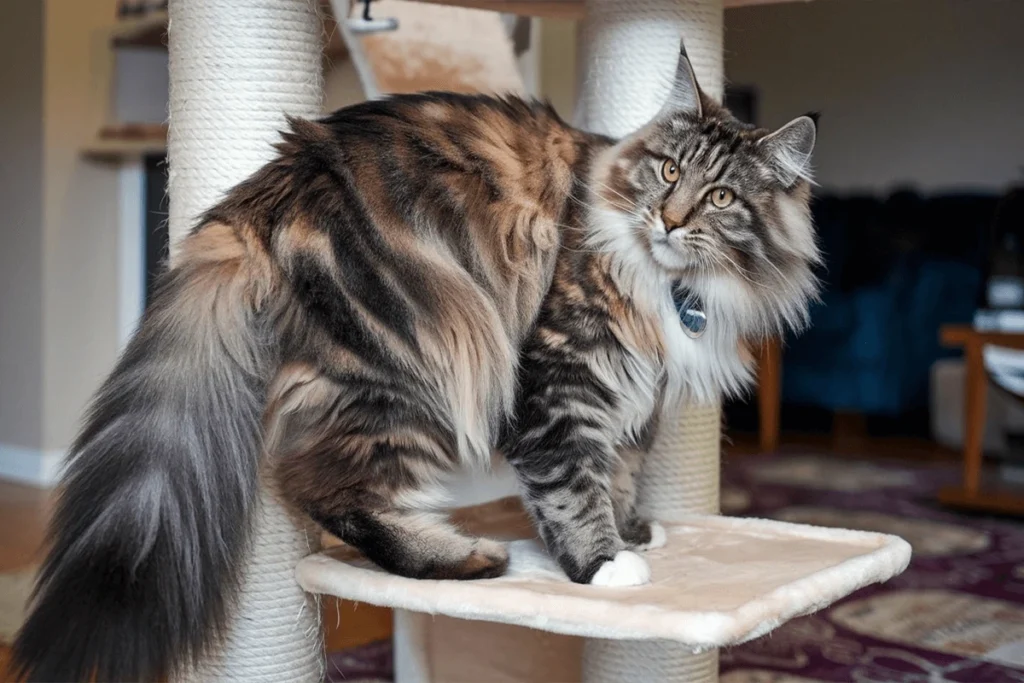 A Maine Coon cat stands on a cat tree, looking to the right.