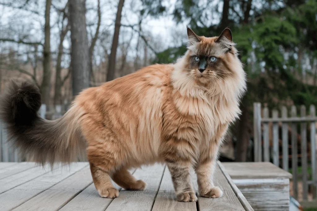 A Maine Coon cat stands on a wooden deck, looking towards the left.