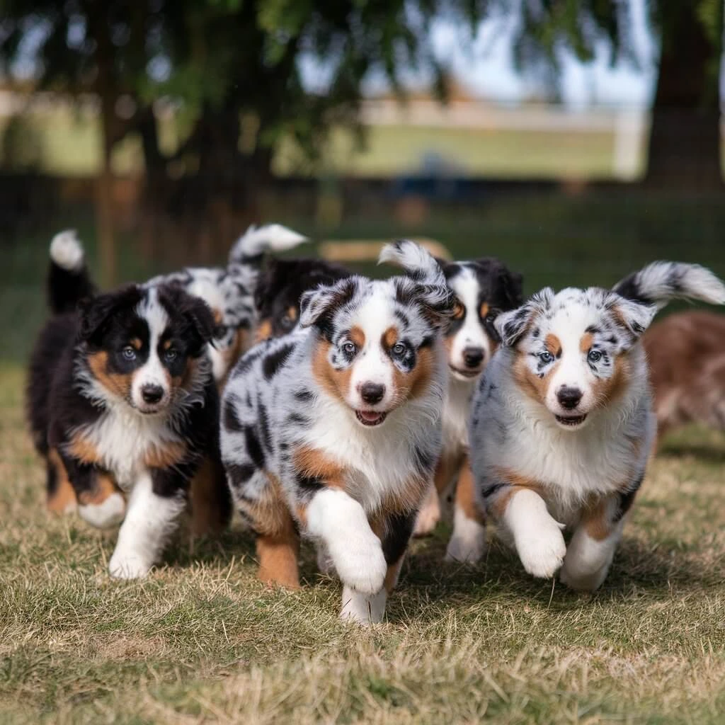 A group of smiling Australian Shepherd puppies running energetically toward the camera, showcasing their playful personalities.