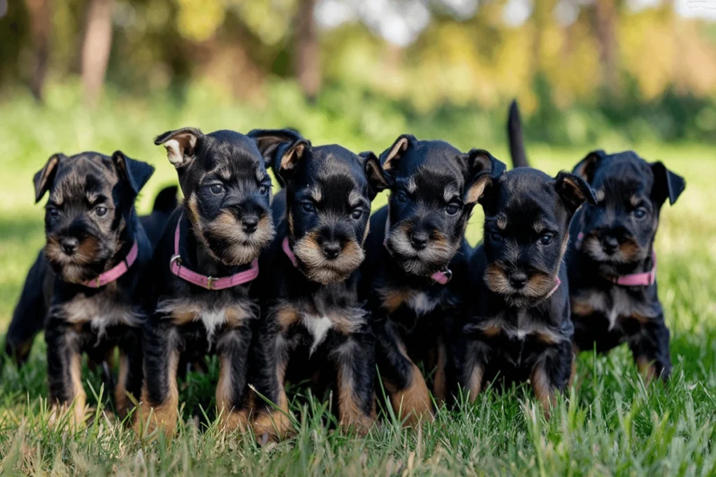 A line of six black and grey Miniature Schnauzer puppies with pink collars standing in grass.