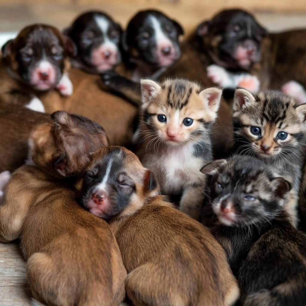 A group of newborn puppies and kittens huddled together on a wooden surface. Some are sleeping, while others are looking at the camera.