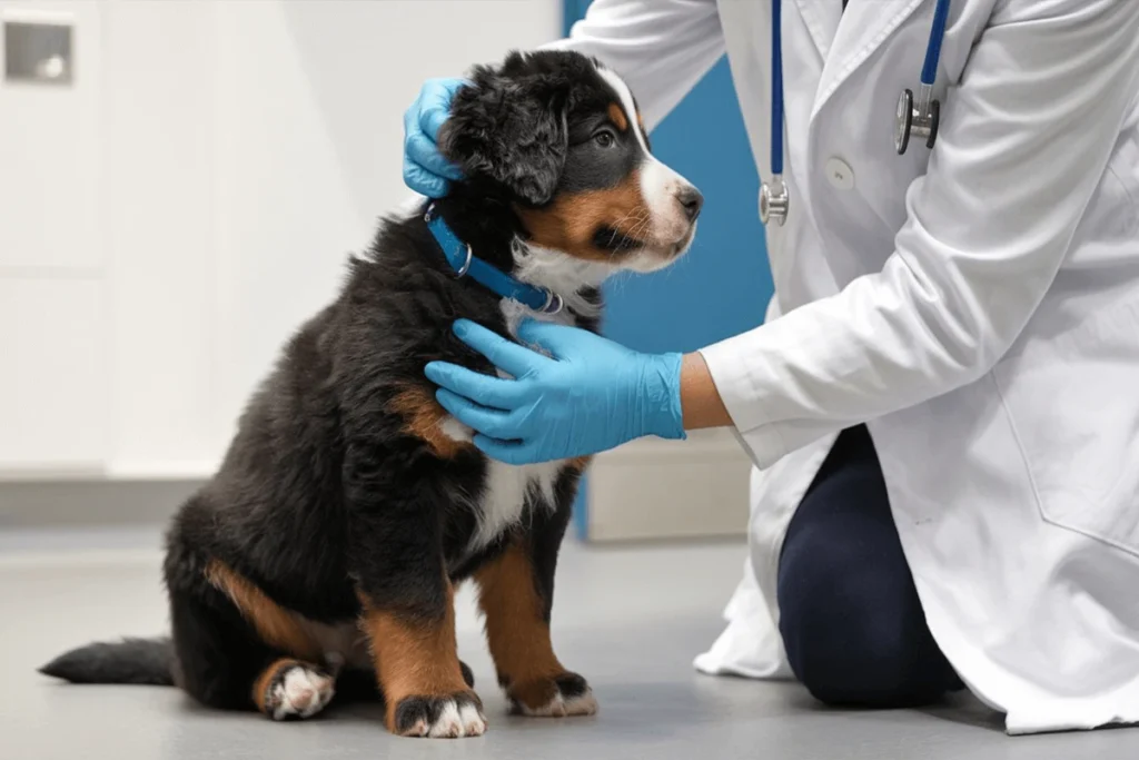 Dog puppy getting a check-up from a vet.