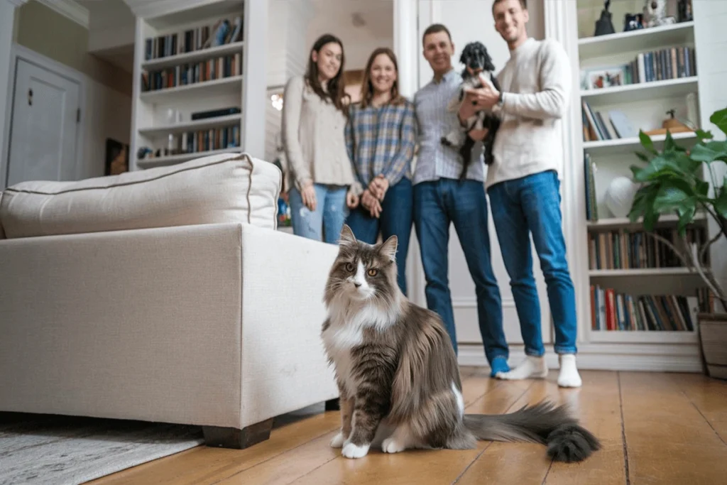 A fluffy gray and white Maine Coon cat sits in the foreground, with four people in the background in a living room.