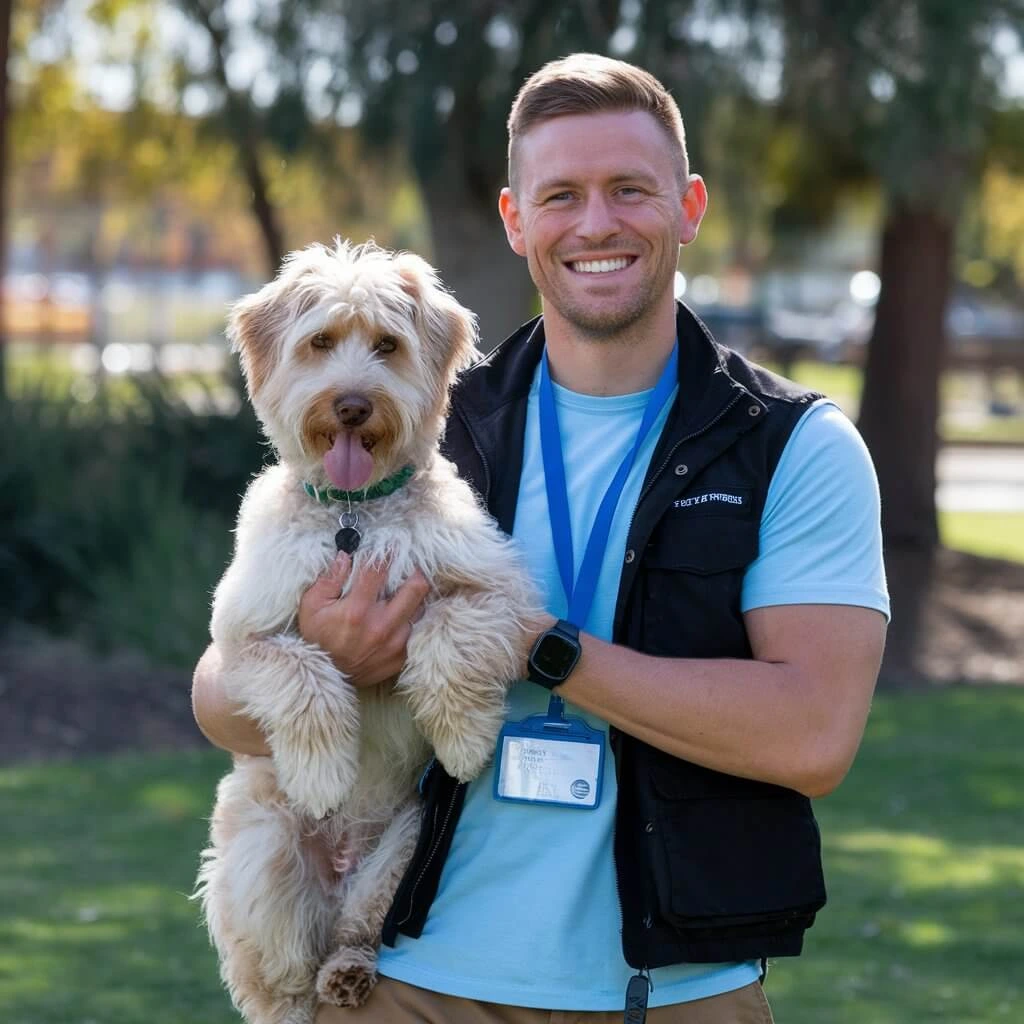 A man holding a fluffy cream-colored dog, both smiling at the camera, outdoors.