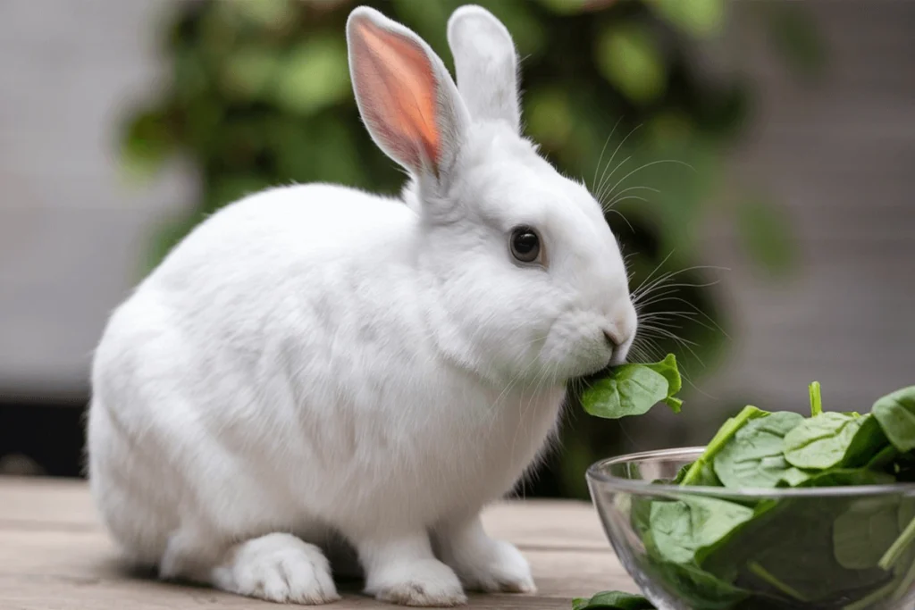 A white rabbit eating spinach next to a bowl of spinach.