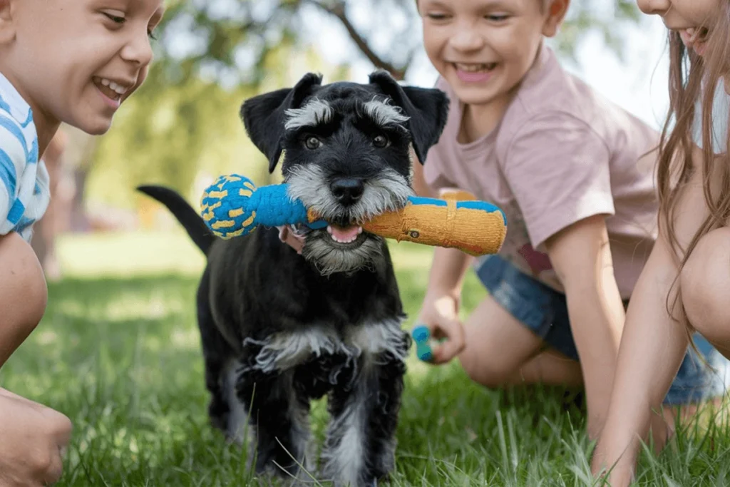 A Miniature Schnauzer puppy holding a colorful toy with two children smiling in the background.